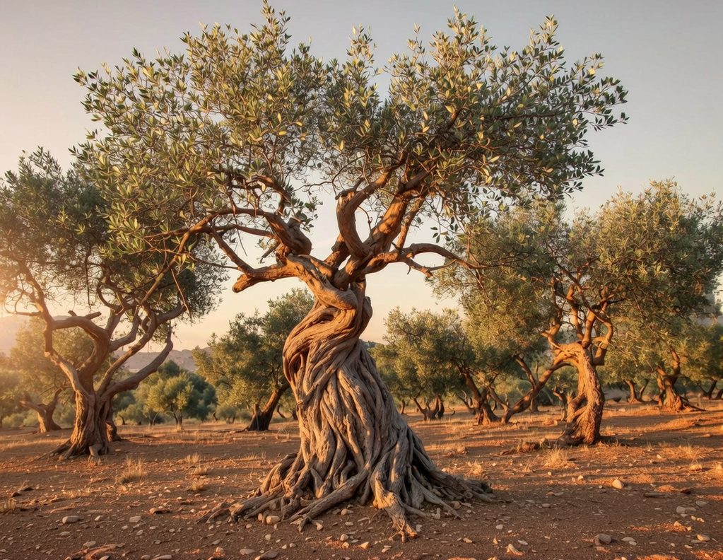Majestätischer jahrhundertealter Olivenbaum in Apulien, umgeben von der typischen mediterranen Landschaft – ein Sinnbild für die Schönheit u